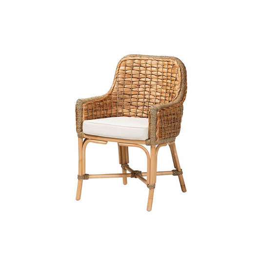 Bohemian Natural Brown Woven Rattan Dining Arm Chair with Cushion