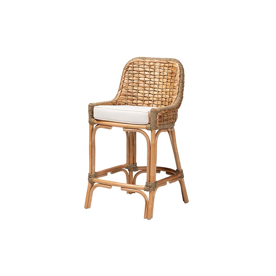 Bohemian Natural Brown Woven Rattan Counter Stool with Cushion