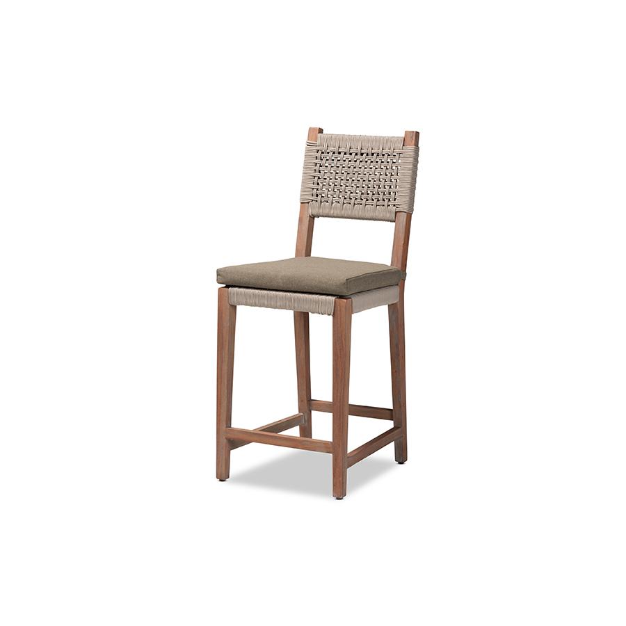 Mid-Century Transitional Grey Woven Rope Mahogany Counter Stool