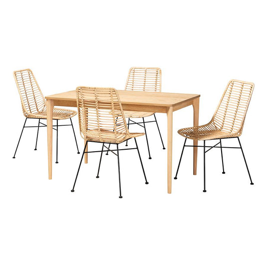 Bohemian Rattan and Natural Oak Finished Wood 5-Piece Dining Set