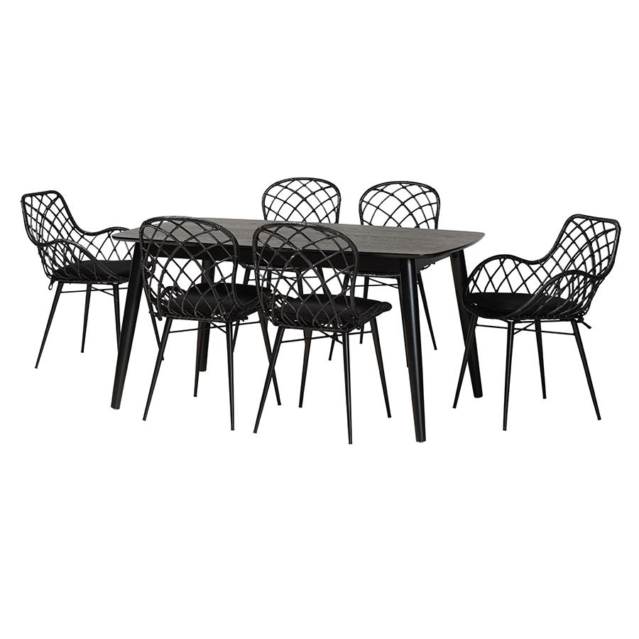 Aniceta Modern Bohemian Black Finished Wood and Rattan 7-Piece Dining Set