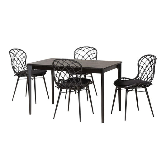 Sabelle Modern Bohemian Black Finished Wood and Rattan 5-Piece Dining Set