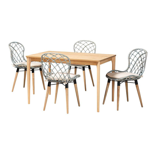 Bohemian Light Blue Rattan and Natural Brown Finished Wood 5-Piece Dining Set