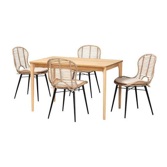 Bohemian Greywashed Rattan and Natural Brown Finished Wood 5-Piece Dining Set