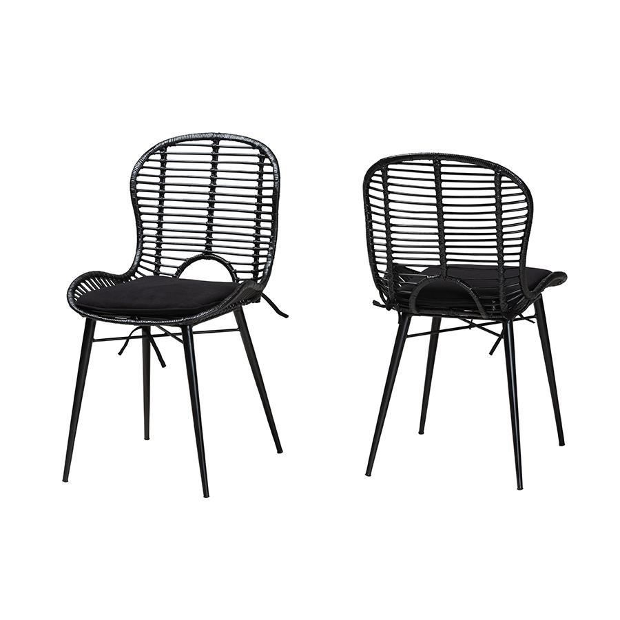 Bohemian Black Finished Rattan and Metal 2-Piece Dining Chair Set