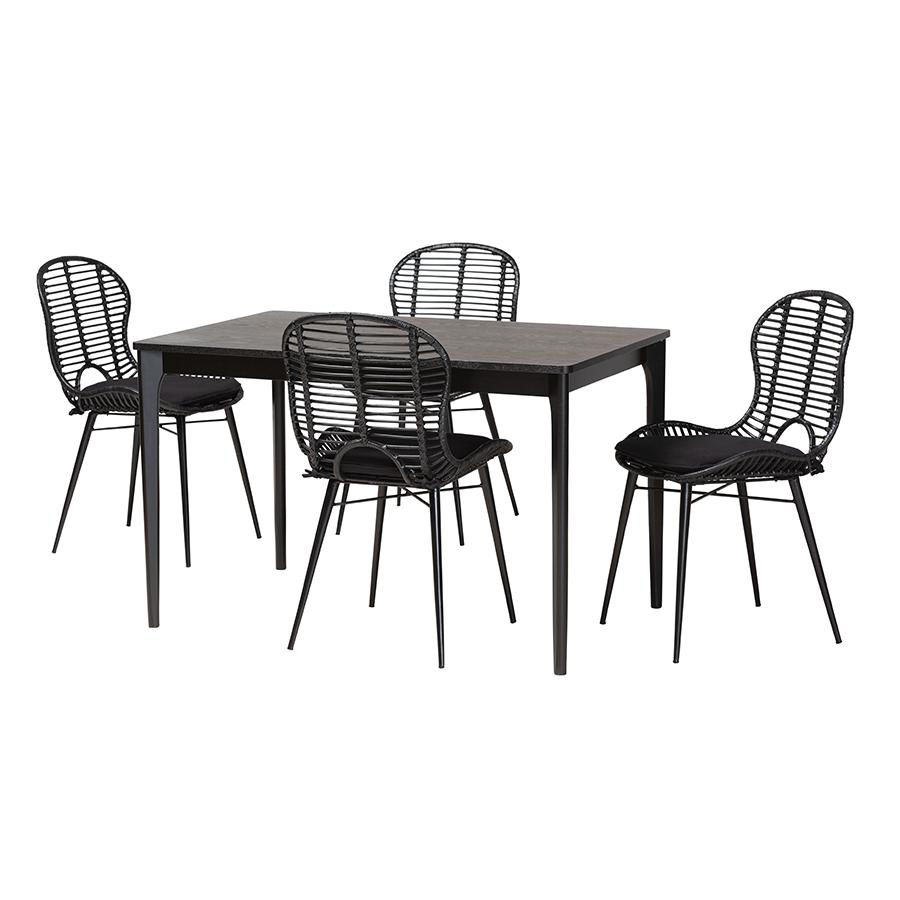 Brenna Modern Bohemian Black Finished Wood and Rattan 5-Piece Dining Set