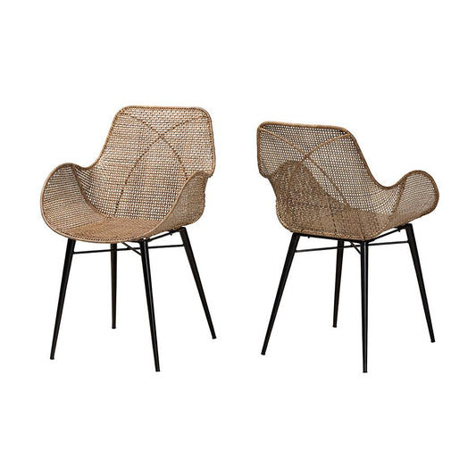 Bohemian Greywashed Rattan and Black Metal 2-Piece Dining Chair Set