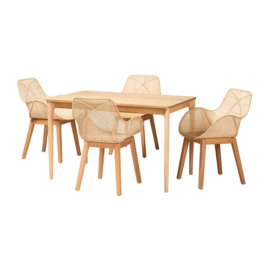 Ballerina Japandi Natural Brown Mahogany Wood and Rattan 5-Piece Dining Set