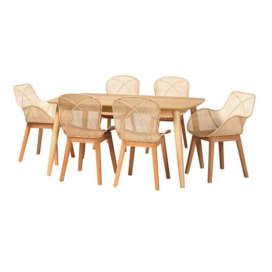 Emmali Modern Bohemian Natural Brown Finished Wood and Rattan 7-Piece Dining Set