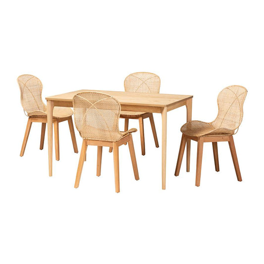 Sabelle Japandi Natural Brown Mahogany Wood and Rattan 5-Piece Dining Set