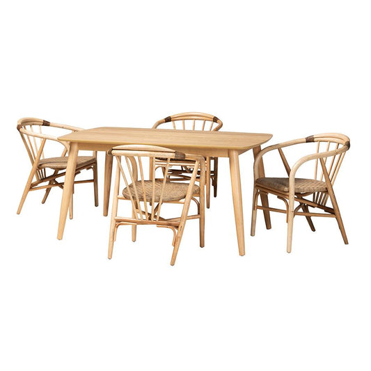 Kyoto Modern Bohemian Natural Brown Finished Wood and Rattan 5-Piece Dining Set