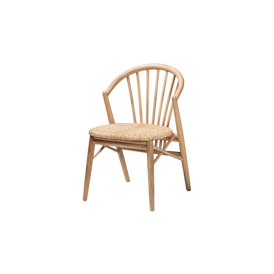 Natural Brown Finished Wood and Rattan Dining Chair