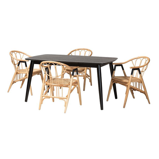 Cyntia Modern Bohemian Black Finished Wood and Natural Rattan 5-Piece Dining Set