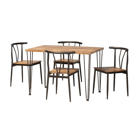 Industrial Natural Brown Finished Wood and Dark Bronze Metal 5-Piece Dining Set