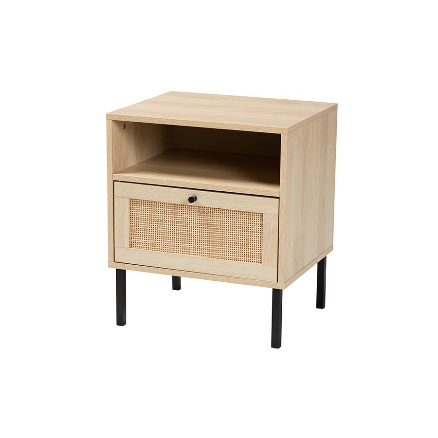 Baxton Studio Caterina Mid-Century Modern Transitional Natural Brown Finished Wood and Natural Rattan 1-Door Nightstand