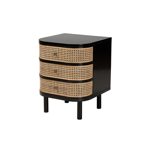 Bohemian Black Bayur Wood and Natural Rattan 3-Drawer End Table Nightstand