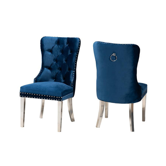 Glam and Luxe Navy Blue Velvet Fabric and Silver Metal 2-Piece Dining Chair Set