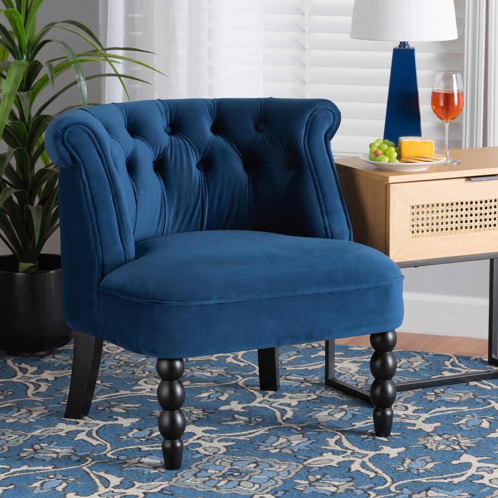 Baxton Studio Flax Classic and Traditional Navy Blue Velvet Fabric and Black Finished Wood Accent Chair