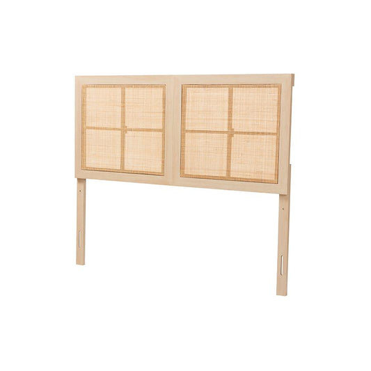 Bohemian Light Brown Finished Wood and Natural Rattan Queen Size Headboard