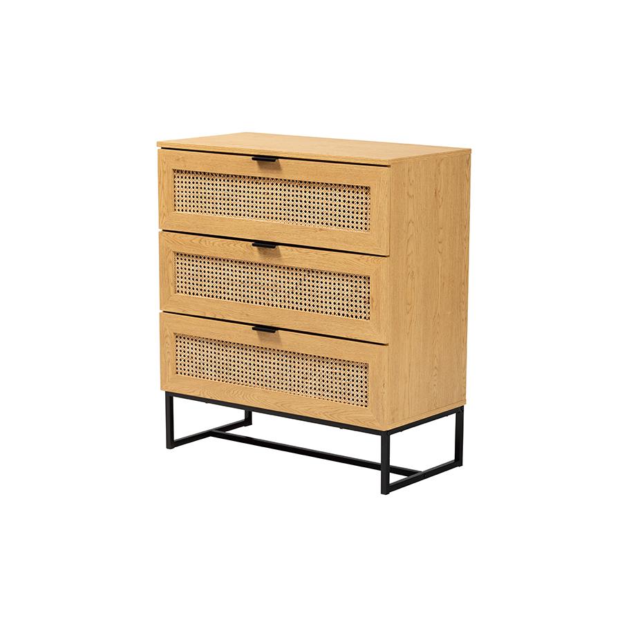 Black Metal 3-Drawer Storage Cabinet with Natural Rattan