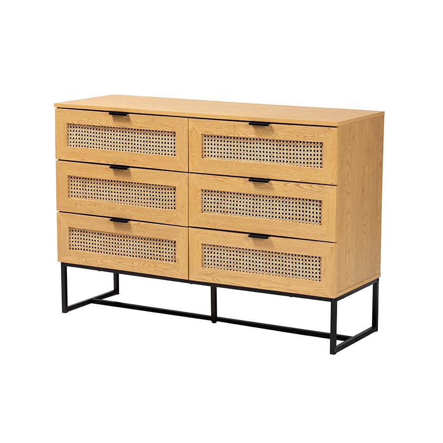 Black Metal 6-Drawer Storage Cabinet with Natural Rattan