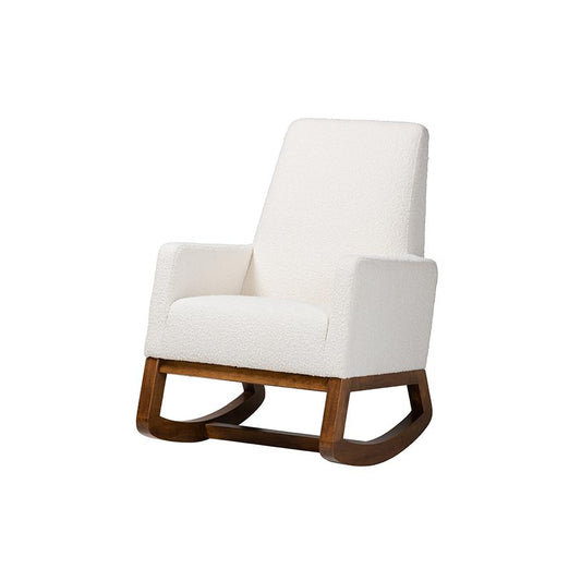 Off-White Boucle Upholstered and Walnut Brown Finished Wood Rocking Chair