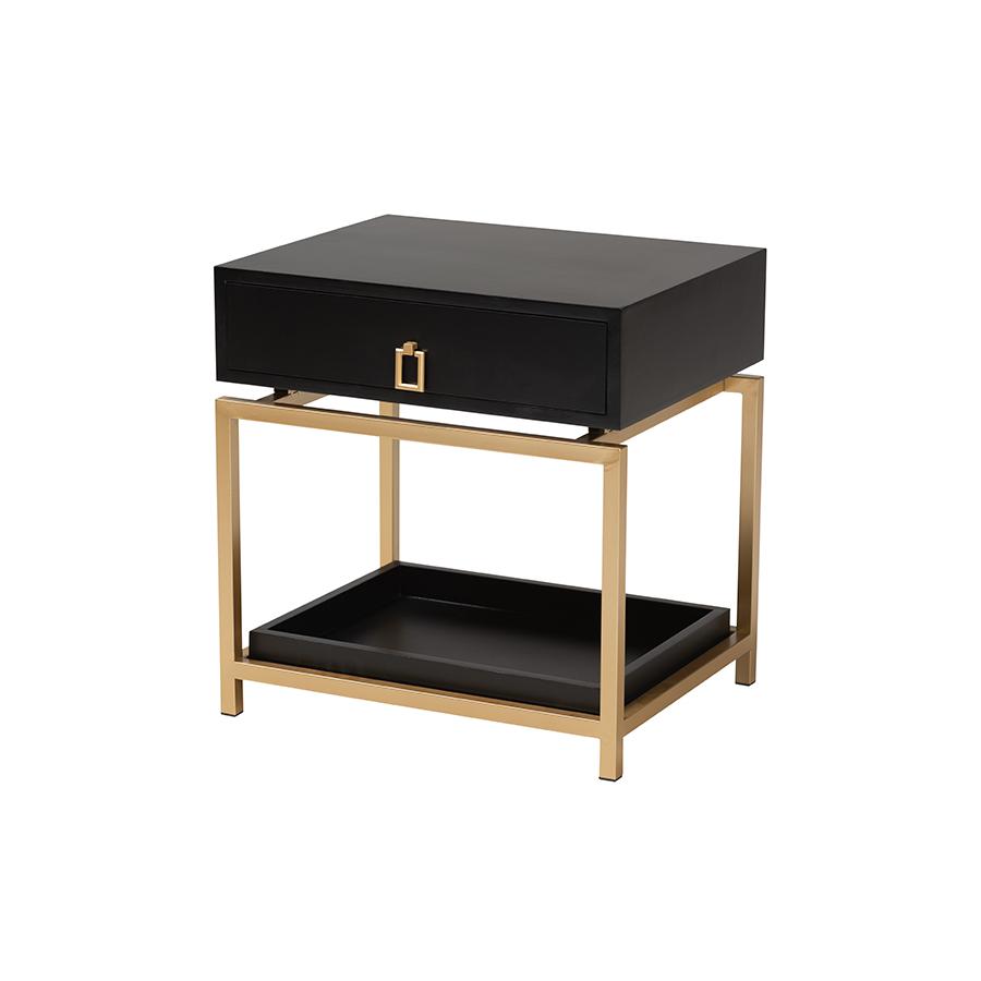 Glam and Luxe Black Finished Wood and Gold Metal 1-Drawer End Table