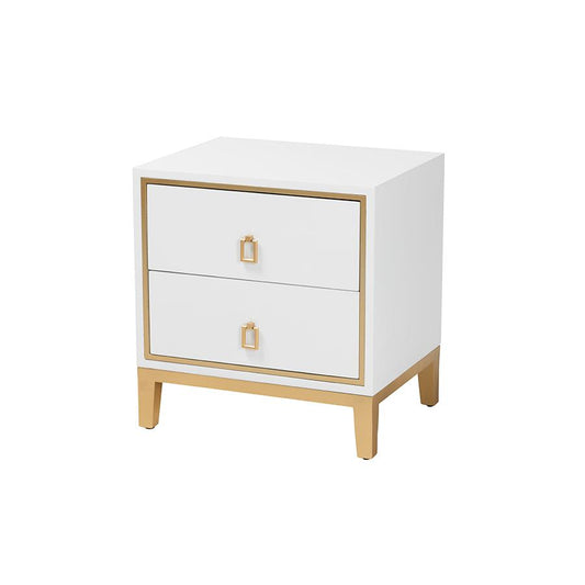 Glam and Luxe White Finished Wood and Gold Metal 2-Drawer End Table