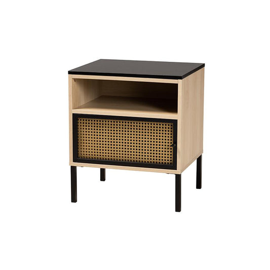 Two-Tone Black and Gold Metal and Light Brown Finished Wood 1-Door End Table