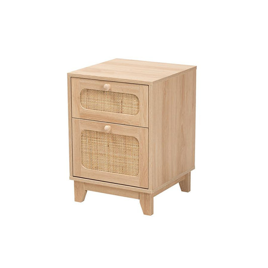 Light Brown Finished Wood and Natural Rattan 1-Drawer End Table