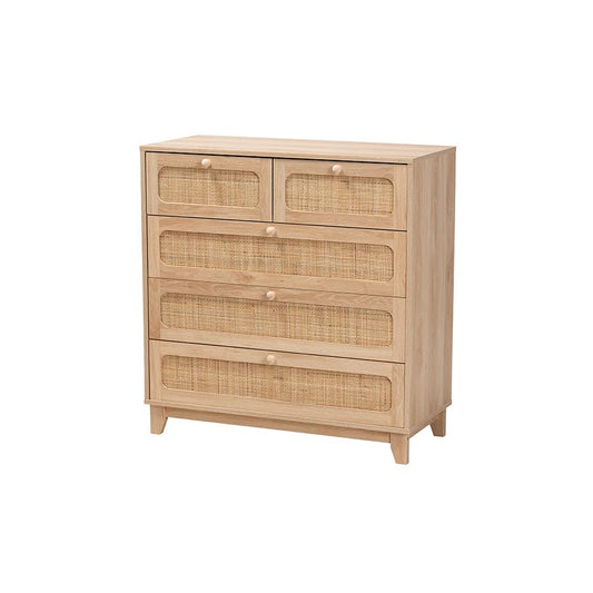 Oak Brown Finished Wood and Natural Rattan 5-Drawer Storage Cabinet