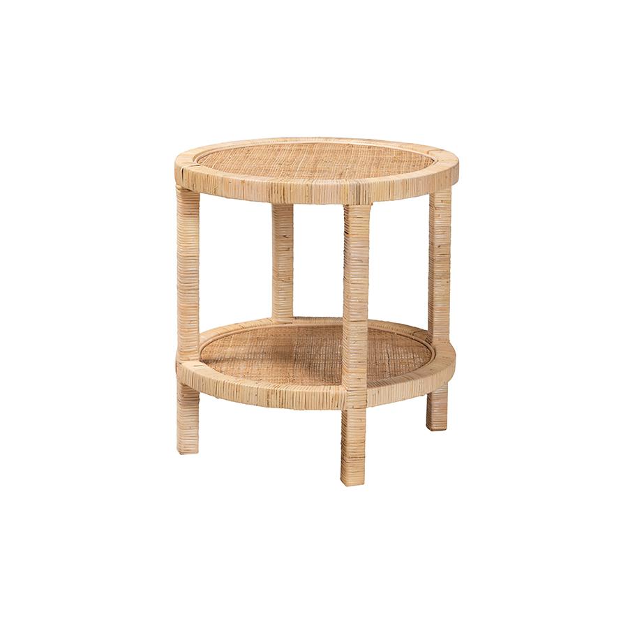 Bohemian Natural Brown Mahogany Wood and Natural Rattan 2-Tier End Table