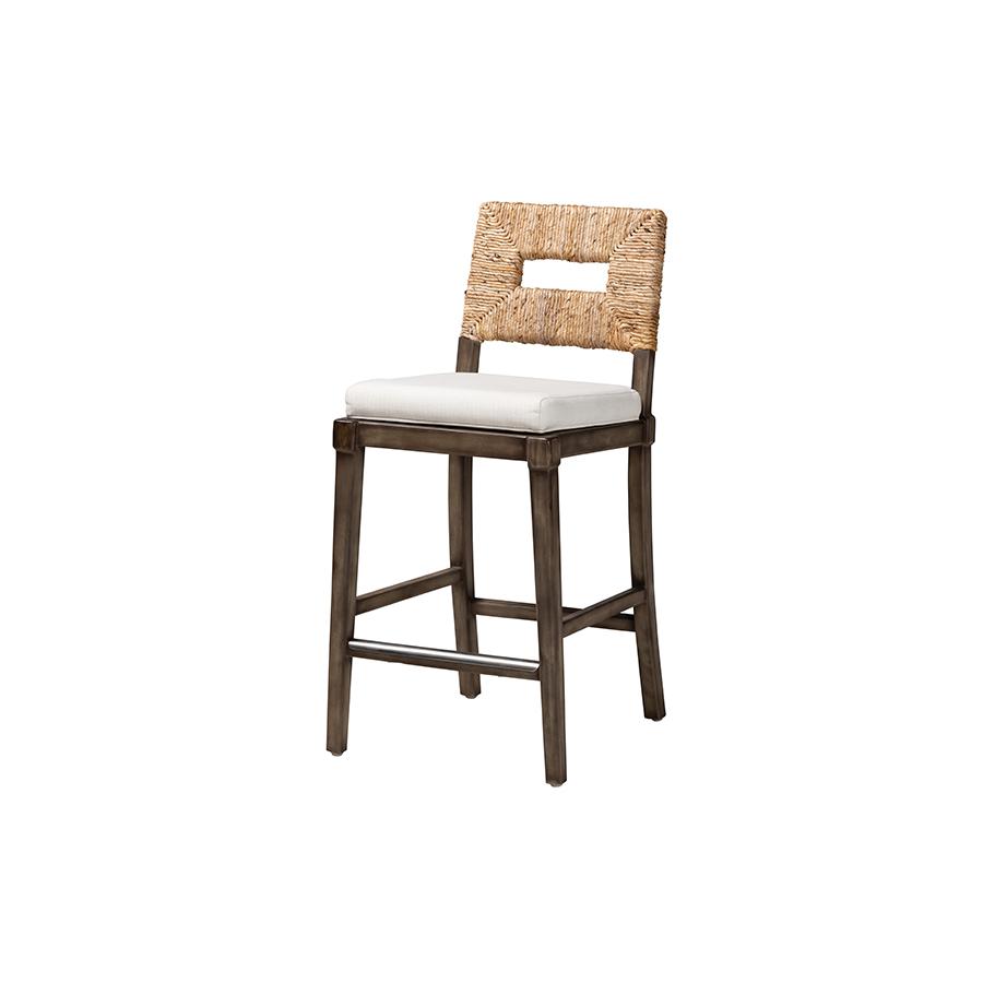 Bohemian Dark Brown Finished Mahogany Wood and Natural Rattan Counter Stool