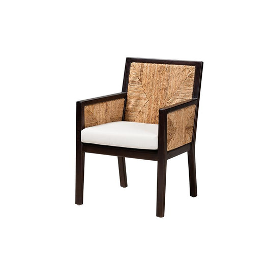 Bohemian Dark Brown Mahogany Wood and Natural Seagrass Dining Arm Chair