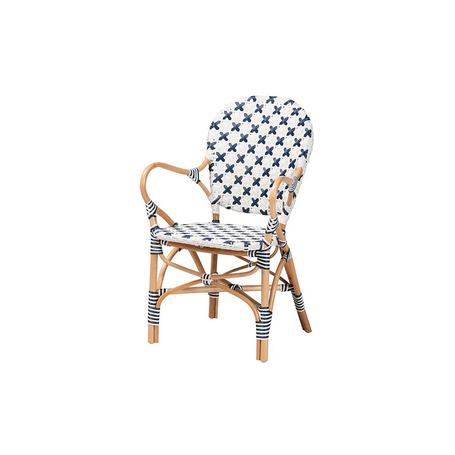 French Blue and White Weaving and Natural Rattan Bistro Chair