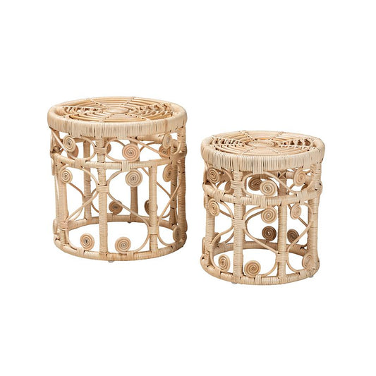 Bohemian Natural Brown Rattan 2-Piece Nesting End Table Set