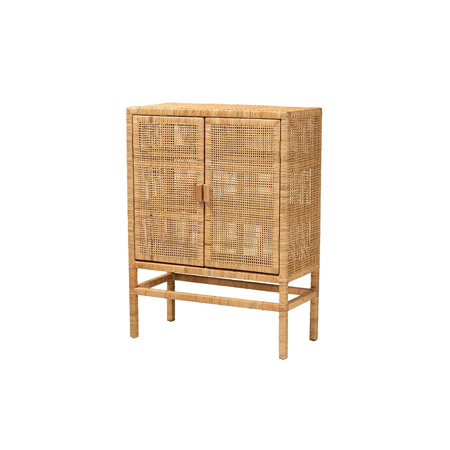 Bohemian Natural Brown Rattan and Mahogany Wood 3-Shelf Storage Cabinet