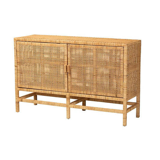 Bohemian Natural Brown Rattan and Mahogany Wood Storage Cabinet