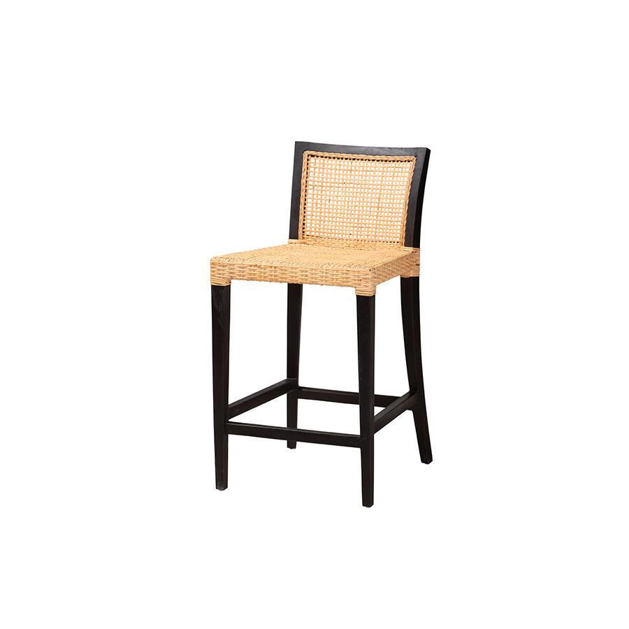 Bohemian Dark Brown Mahogany Wood and Natural Rattan Counter Stool