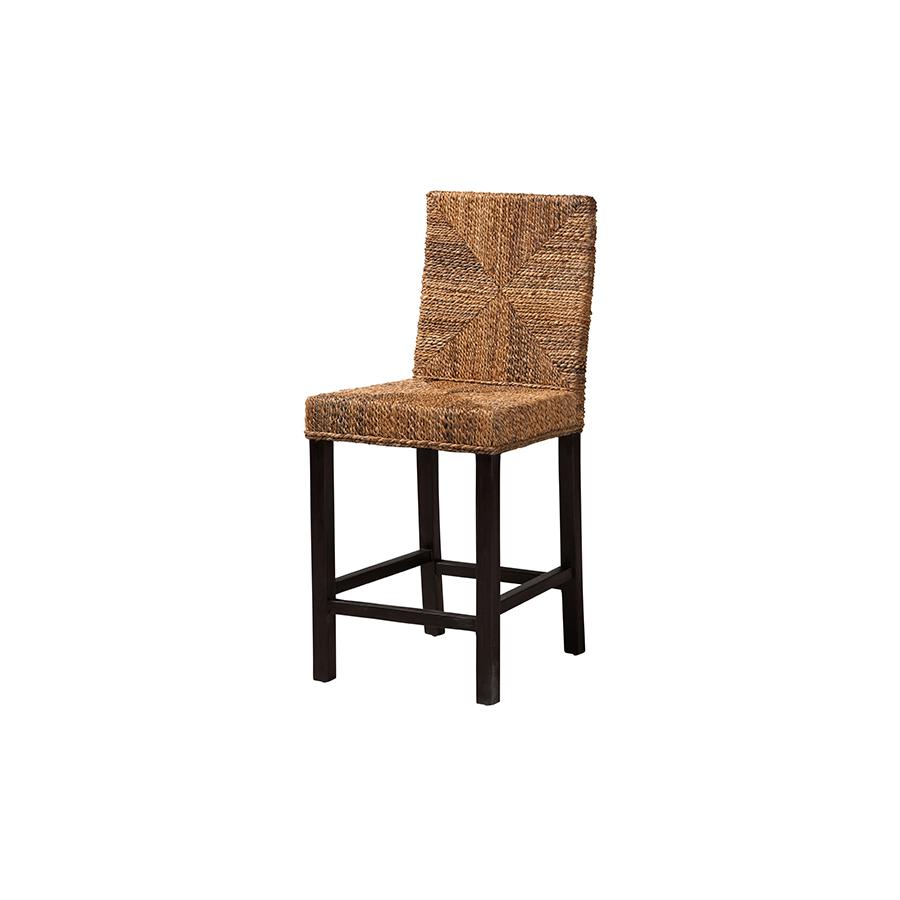 Bohemian Dark Brown Mahogany Wood and Seagrass Counter Stool