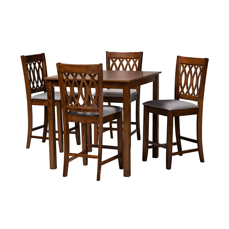 Florencia Modern Grey Fabric and Walnut Brown Finished Wood 5-Piece Pub Set