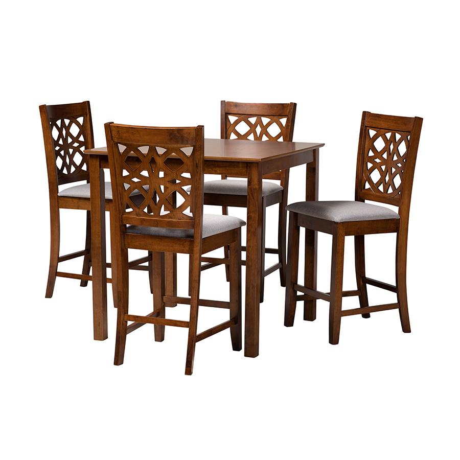 Abigail Modern Grey Fabric and Walnut Brown Finished Wood 5-Piece Pub Set