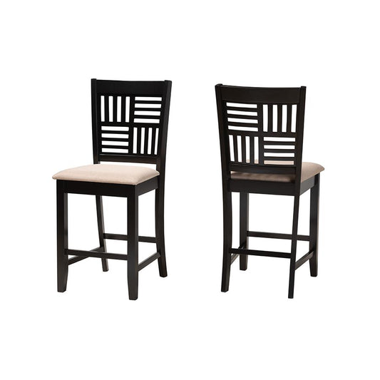 Beige Fabric and Dark Brown Finished Wood 2-Piece Counter Stool Set