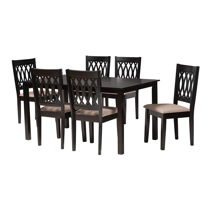 Beige Fabric and Espresso Brown Finished Wood 7-Piece Dining Set