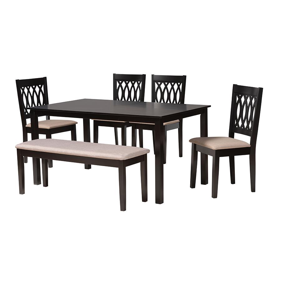 Beige Fabric and Espresso Brown Finished Wood 6-Piece Dining Set