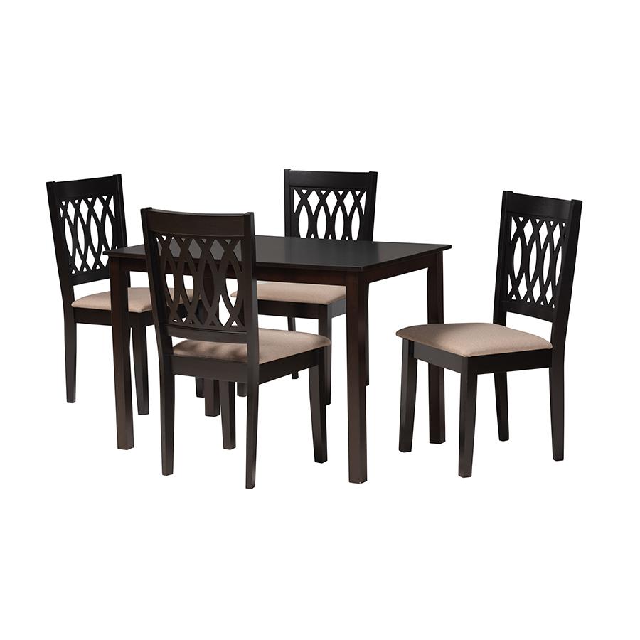 Beige Fabric and Espresso Brown Finished Wood 5-Piece Dining Set