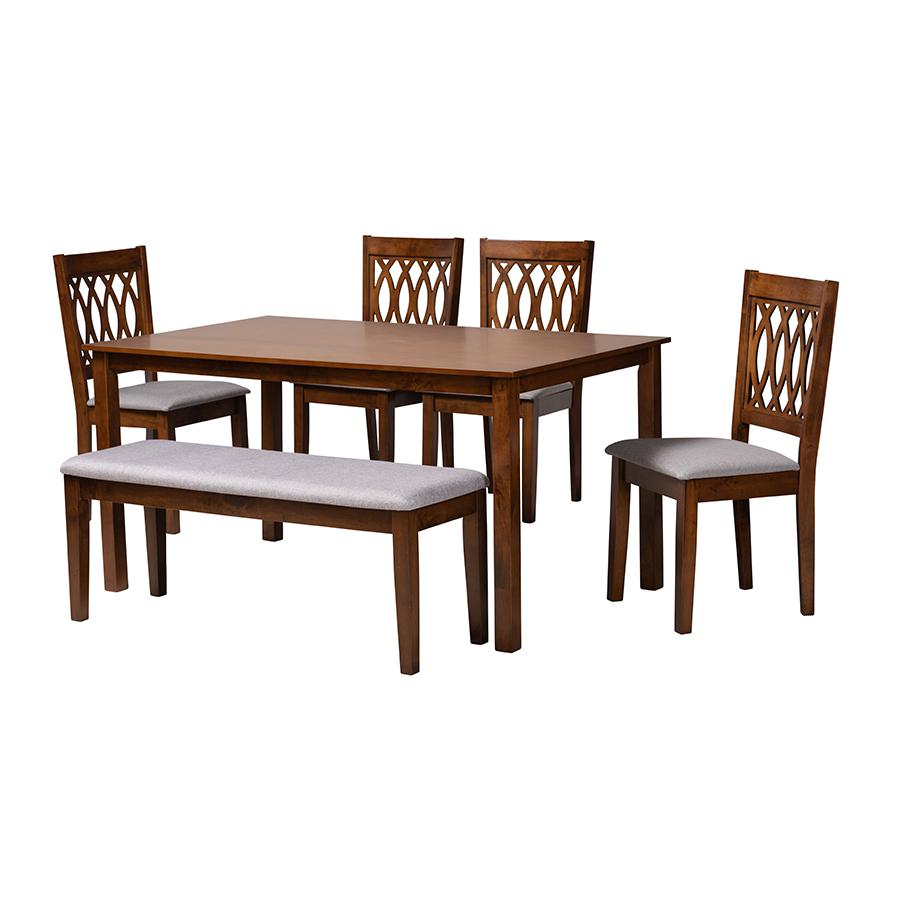 Florencia Modern Grey Fabric and Walnut Brown Finished Wood 6-Piece Dining Set