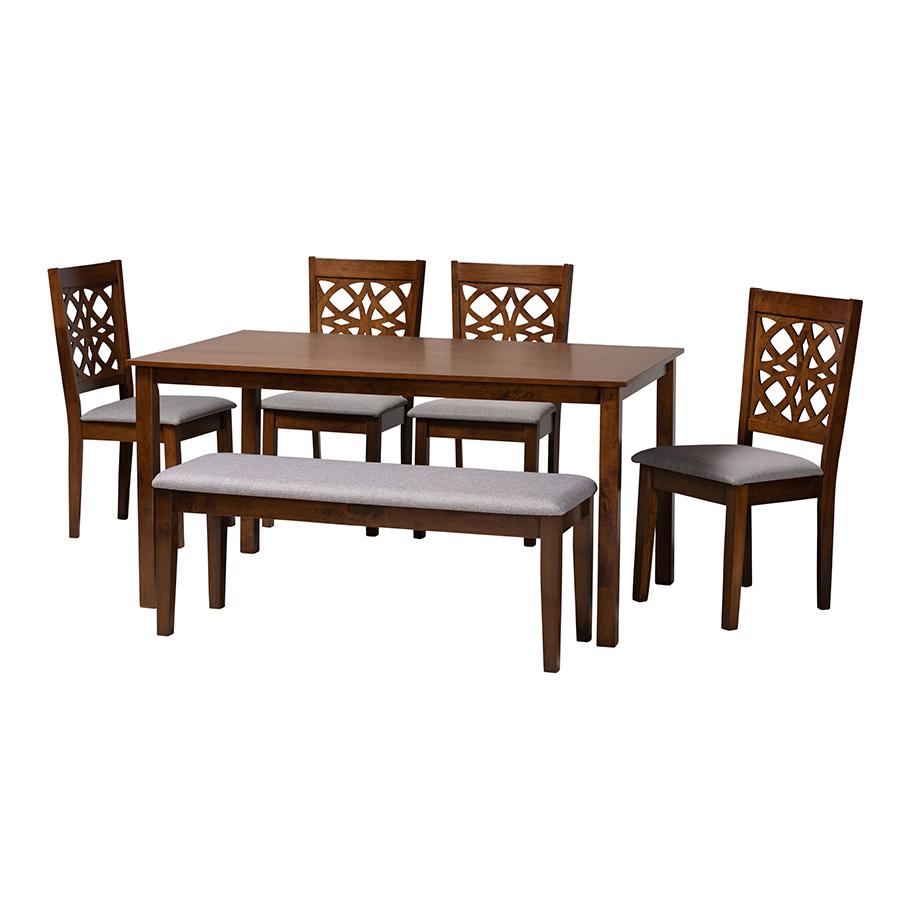 Abigail Modern Grey Fabric and Walnut Brown Finished Wood 6-Piece Dining Set