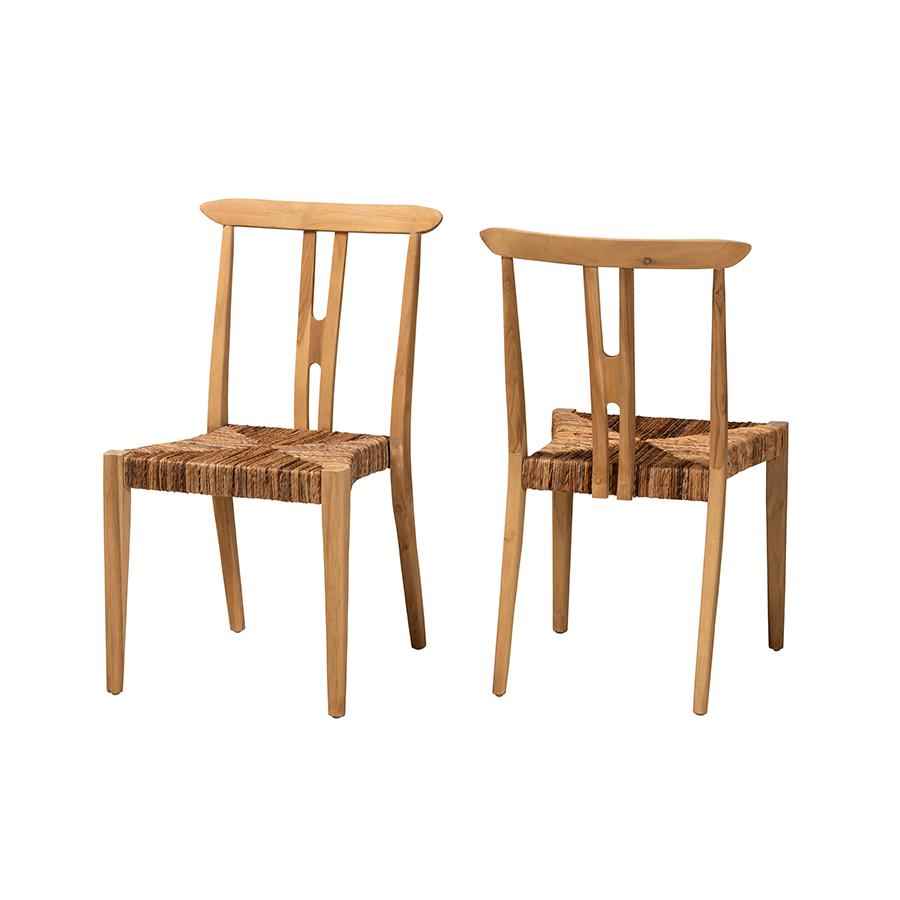 Bohemian Natural Brown Teak Wood and Seagrass 2-Piece Dining Chair Set