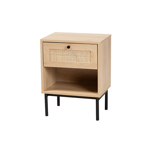 Light Brown and Black 1-Drawer End Table with Woven Rattan Accent